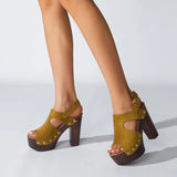 Sandals Woman Leather Large Size Low-heeled Big Fabric Rome Slides PU Hoof Heels Rubber Large Size Low Sandals Woman