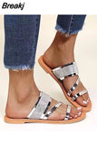 Flat Slip-On Sandals Bling Rhinestone Narrow Band Slippers Beach Shoes Casual Slides Summer 2023 New Women Gold