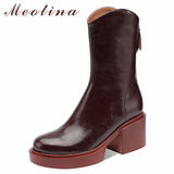 Women Genuine Leather Western Boots Round Toe Zipper Shoes Platform Thick High Heel Short Boots Autumn Winter Wine