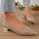 Low Heels Pumps Women 2023 Spring Shiny Sequins Pointed Toe Party Shoes Woman Plus Size Simple Thick Heeled Bride