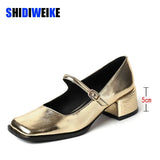 5CM Silver Thick Heels Mary Jane Shoes Women Buckle Strap Square Toe Pumps Woman Med Heele Patent Leather Shoes