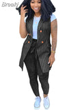 Striped Print Two Piece Set Women Sleeveless Blazer Coat And Sashes Pants Outfits Office Lady Elegant Work 2pcs