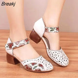 2023 Summer Women's Genuine Leather Shoes Woman Retro Hollow Out Sandals Female Hook & Loop Heels Ladies Platform