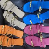 Women Square Toe Gold Pu Flats Outdoor Slippers Casual Ladies Summer Shoes Mature Open Toe Design Slides Slingback