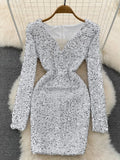 Sexy Women Sequins Glittering Mini Party Dress Elegant Mesh Patchwork V-neck Long Sleeve Slim Bodycon Club Velvet