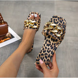 Size 35-43 Flat Leopard Women'S Slippers New European American Metal Chain Square Toe Flat Shoes Women'S Sandals