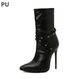 Ankle Boots Women 12cm High Heels 2023 PU Fashion Autumn Winter Large Size 34-48 Pointed Toe Rivets Decorate
