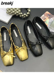 Brand Flats Women Shoes Female Slip On Casual Loafers Square Toe Ballet Boat Shoes Shallow Bow Knot Ballerinas Gold