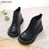 Girl Retro British Small Leather Boots Wide-Head Womens Ankle Boots Handmade Warm Big-Head Short Boots Student Women