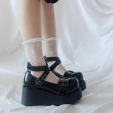 Size 43Trendy Lovely Black Bat Platform Wedges Lace Up Spring women's Pumps Round Toe Rivet Coslplay Lolita Punk High