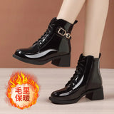 Leather English Style Rough Heel Martin Boots 2023 New Autumn And Winter Lacquered Leather Spring And Autumn Single Boots With Velvet Cotton