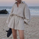 Two Piece Set Casual Long Sleeve Turn-down Collar Cotton Linen Loose Blouse Shirts And High Waist Shorts Retro
