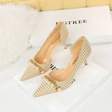Breakj Korean Version With High Heel Shallow Mouth Pointed Head Side Hollow Cloth Plaid Grain Pearl Metal Chain Thousand Bird Case Single