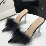 leather with feather peep toe transparent high heel slippers summer sexy slip on clear heel slides women mules