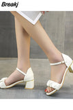 Buckle Ladies Sandals Pleated Square Heel Round Toe Fashion Shoes 2023 New Large Size Ladies High Heel