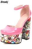 Chunky Heeled Satin Ankle Strap Pumps 2023 Spring Summer High Heel Wedding Shoes Walking Comfy Women Sandal Big Size