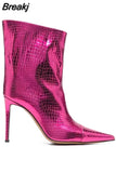Women's Mid Calf Boots Rose Red Mirror Boots Sexy Runway Stilettos Pointed Toe Demonia Boots Ladies Party Shoe Botas De