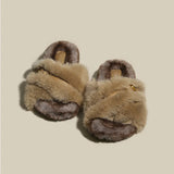 Winter Women Cross Fluffy Slipper Casual Fashion Metal Buckle Artificial Plush Inside Soft Slides