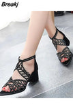 Women Summer Hollow Out Zipper Open Toe Thick Heel Sandals Casual Gladiator Shoes Platform Diamond