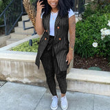 Striped Print Two Piece Set Women Sleeveless Blazer Coat And Sashes Pants Outfits Office Lady Elegant Work 2pcs