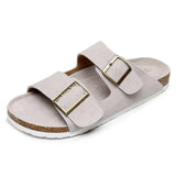 Summer New Men's Cow Suede Leather Mule Clogs Slippers High Quality Soft Cork Two Buckle Slides Footwear For