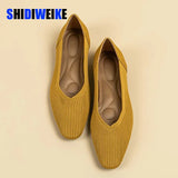Autumn Knitted Breathable Mesh Ballet Flats Square Toe Slip On Loafers Women Flat Shoe Casual Soft Bottom Boat
