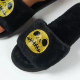 2023 New Halloween Furry Slippers Women Crystal Decor Flat Heel Plush Slippers Woman Non Slip Soft House Slides