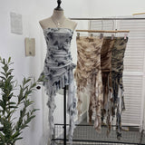Solid Shot Tie Net Yarn Printing Irregular Ribbon Three-Dimensional Flowers Small Man With Chest Short Skirt Dress Dress