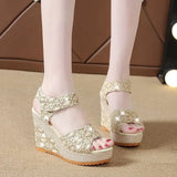 New Summer Lace Denim Women's Black Platform Sandals High Heels Women's Shoes Open Toe Espadrilles Comfortable