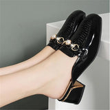 Women Baotou Half Slippers Fashion Metal Chain Square Toe Thick Middle Heel British Style Office Casual Shoes Spring Summer