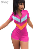 Sport Women Rompers Zipper Bodycon Jumpsuit Striped Patchwork Casual Slim Overalls Short Sleeve Streetwear