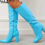 Spring Autumn Motorcycle Women Pointed Toe Zip Knee High Boots Fashion Pink Snake Print Square Heels Party Long Shoes