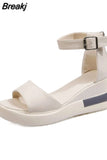 2023 Women Wedges Pu Leather Sandals Buckle Strap Korean Style Solid Platform Side Open Casual Ladies Slingbacks