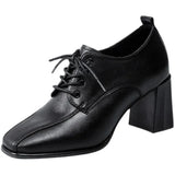 Spring and Autumn New High Heels Women's British Style Thick Heels Fashion Lace-up Deep Mouth Small Leather