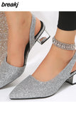 Bling Gold Silver Women's Sandals 2023 Sexy Point Toe Thick Heel Party Shoes Woman Summer Slip-on Square Heeled