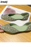 Women Flat Heel Crystal Shoes Pearl Flats Party Spring Summer Pointed Toe Slip On Sexy V Mouth Lady Weekends Loafers