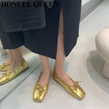 Brand Flats Women Shoes Female Slip On Casual Loafers Square Toe Ballet Boat Shoes Shallow Bow Knot Ballerinas Gold