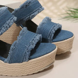 Denim Wedge High Heels Sandals Women Slip On Chunky Platform Slippers Woman Fashion Blue Thick Sole Slides Plus Size