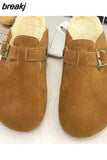 Fashion Women Winter Cork Slippers Closed Toe Artificial Fur Inside Low Heel Casual Soft Warm Fluffy Slide