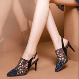 High Heels Sandals Woman Mesh Summer Shoes Women Pumps Pointed Toe Ankle Buckle Strap Ethnic Embroidery Flower