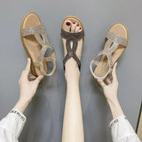 Women Wedges Sandals Crystal Decoration Chunky Heel Peep Toe Back Strap Elastic Band Elegant Fashion Shoes Ladies Size