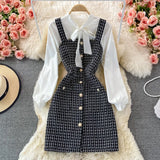 Women Two Piece Set 2023 Korean Fashion Bowtied Collar White Blouse and Spaghetti Strap Single Breasted Mini Tweed Dress