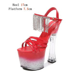 2023 New Platform Sandals Women Summer Sexy Square Heel Cross Belt High Heels 17cm Bling Ladies Strip Pole Dance