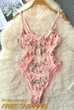 Elegant Women Pink Butterfly Embroidery Bodysuits Sexy Spaghetti Strap See Through Mesh Lace-up Bandage Club Body