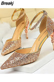 Elegant Party Sandals Metal Stiletto Glitter Pumps Luxury Women's Wedding Shoes Bride Gold Silver 2023 Women High