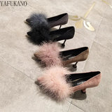 Sweet Furry Fur Pointed Toe Shallow Mouth High Heels Suede Stiletto Ladies Pumps Pink Fairy Style Party Wedding