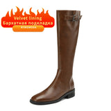 Women Knee High Boots 2022 Luxury Split Cow Genuine Leather Brown Black ZIP Low Block Heel High Quality Long Boot Handmade