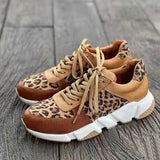 Women Autumn Leopard Thick-Soled Sneakers Stitching Lace-Up Sport Shoes Casual Ladies Vulcanized Wedges Tennis