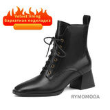 Women Ankle Boots Handmade Luxury Genuine Leather Medium Heels Laces Black Short Boot Elegant Female Booties Designer Shoe