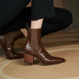 Ankle Boots for Women Luxury Cow Split Genuine Leather Block High Heel Elastic Band Short Booties Goth Brown Black